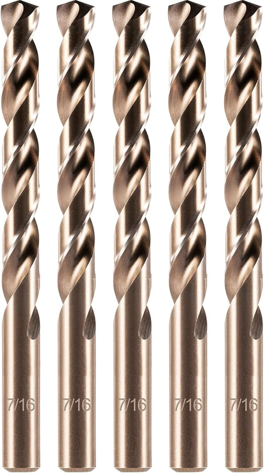 amoolo 7/16" Cobalt Drill Bit(5pcs), M35 HSS Metal Drill Bit Set for Hard Metal, Stainless Steel, Cast Iron Box of 5
