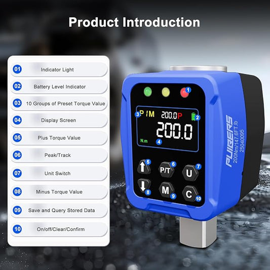 Digital Torque Adapter 1/2" Drive 7.3-147.5 Ft-lb / 10-200 Nm, Electronic Torque Wrench Converter with LCD Display 짹2% Accuracy, 1/4??& 3/8??Adapters for Car & Motorcycle Maintenance DIY Use