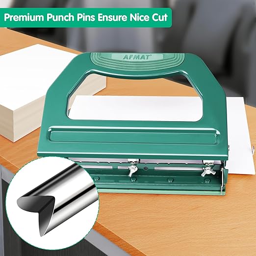 AFMAT 3 Hole Punch Heavy Duty, 9/32" Holes, 50-Sheet Hole Puncher 3 Ring, 50% Reduced Effort, Adjustable Two & Three Hole Punch, Metal Paper Puncher w/Large Chip Tray, Metal Paper Guide, Green, HP18