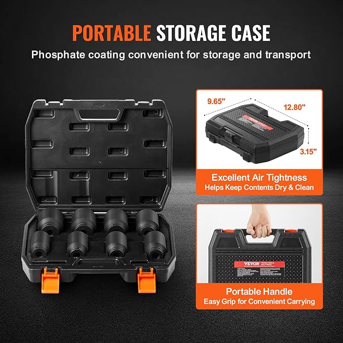 VEVOR Axle Nut Impact Socket Set - 3/4" Drive Deep 6-Point 8-Piece SAE Spindle Nut Socket CR-MO Heat Treated Large Socket Set with Storage Case for Auto Repair, Removing or Installing Axle Nuts