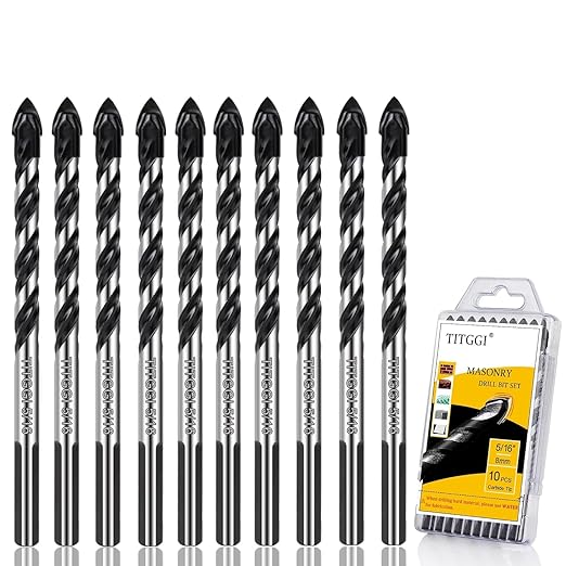 TITGGI 5/16" (10PCS) Masonry Drill Bit Set & Cement Drill Bits, Professional Concrete Drill Bit Set for Glass/Brick/Plastic/Cement/Wood/Tile/Etc, Industrial Strength Carbide Drill Bit Tip