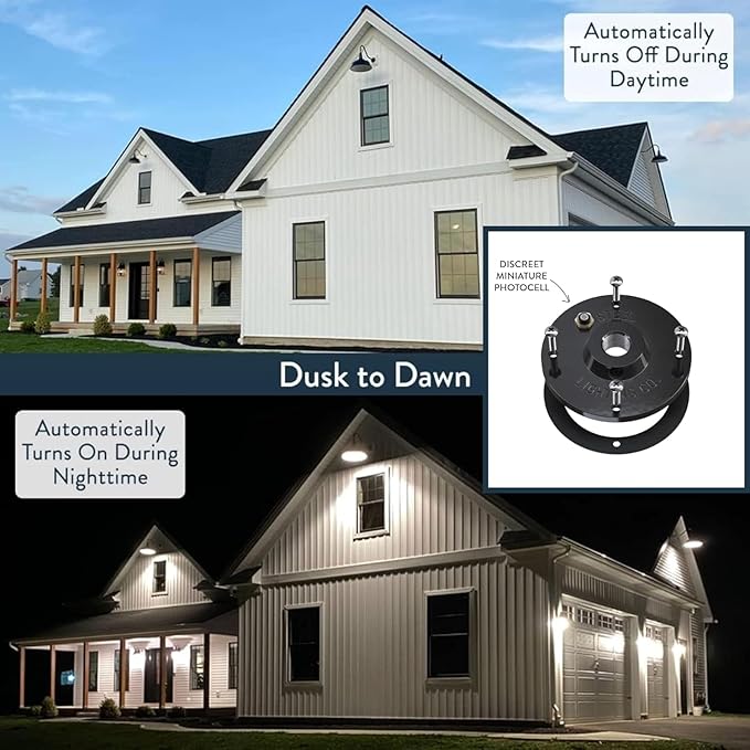 Steel Lighting Co. | Dusk to Dawn | Gardena Barn Light | Outdoor Wall Mounted | 16" Dome | 16" Gooseneck | Farmhouse Light Made in America | Modern Gray/Brass
