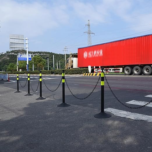 6-Set Pack 40" inch Black Yellow Work Zone Chain Post Set, 6 x 6.6' Feet Plastic Chains, Portable Crowd Control Stanchion Set, Traffic Queue Delineator Post Cones (Black-Rubber Base)