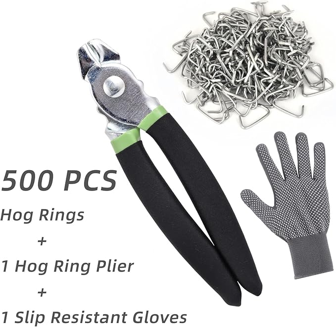 Hog Ring Pliers Kit with 500 Pcs 3/4" Galvanized Steel Hog Rings,Straight Hog Ring Pliers Kit for Fencing and Auto Upholstery,Bagging,DIYCraft,Furniture(Green)