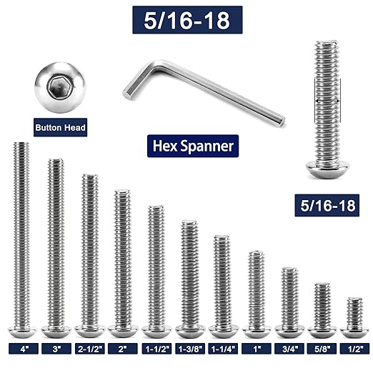 5/16-18 x 3/4" Button Head Socket Cap Bolts Screws, 10Pcs 304 Stainless Steel 18-8, Allen Hex Drive, Bright Finish by SG TZH(with Hex Spanner)