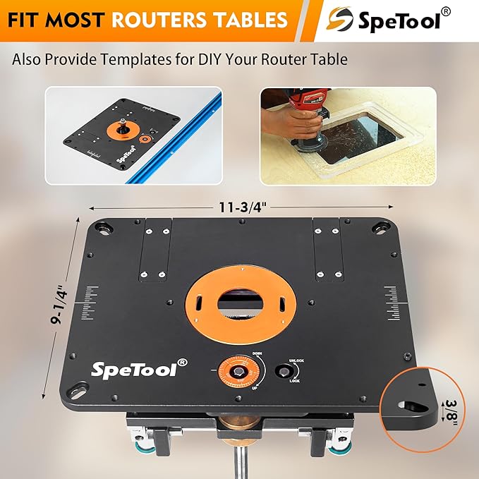 SpeTool Router Lift for 2.56??4.21??Dia Routers, Precision All-aluminum Router Table Lift System with 3 Magnetic Insert Rings, 9-1/4"x11-3/4" Router Table Insert Plate for Woodworking Add DIY Template