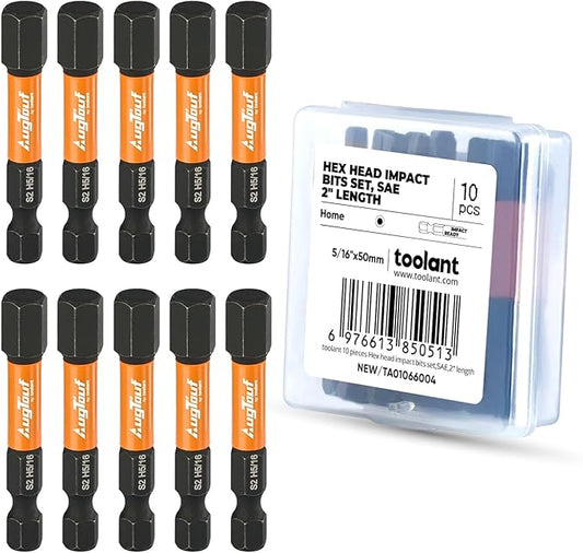 toolant 5/16" Impact Hex Bits Set 10pcs, 1/4” Hex-Shank Allen Wrench Drill Bit Set, S2 Steel, CNC Machined Tips with Magnetism, 2” Long with Storage Box