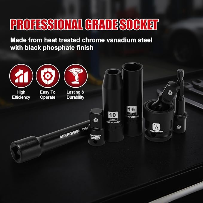 MIXPOWER 33 PCS 1/2??Drive Impact Socket Set, 10 to 36mm Deep Socket, 6-Point Hex Socket with Portable Case,Metric,CR-V&CR-MO Steel