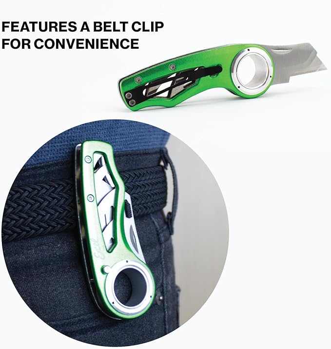 Excel Blades Revo Folding Utility Knife ??Heavy-Duty Box Cutter with Aluminum Body, Quick-Change #92 Blades, 3 Lock Positions Design, Anti-Slip Finger Loop Grip, Holster Included ??Green