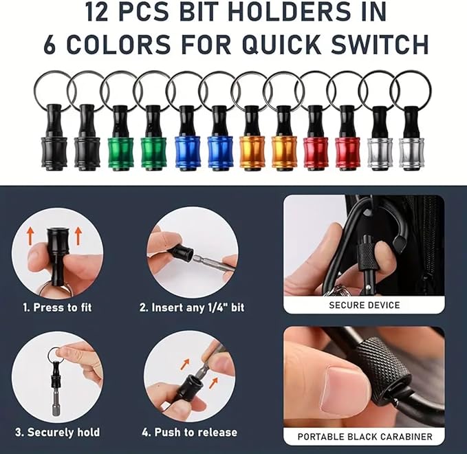 Bit Holder Keychain 12pcs - 1/4 inch Hex Shank Bit Holders - Quick Release Design for Nut Driver, Screwdriver & Drill Bits - Aluminum Alloy, Color Coded - Include 2 Keychain Carabiners