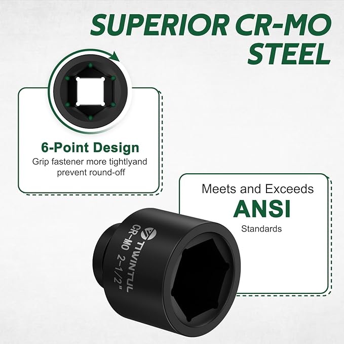 2-1/2" Impact Socket 1" Drive, 6 Point Design, CR-MO, ANSI Certified, Large & Spindle Nut Socket 1 Inch Drive for Heavy Truck, Construction, Oilfield & Equipment Service