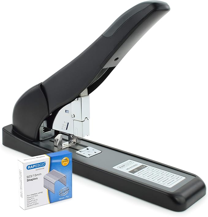 Rapesco 1551 ECO Extra Heavy-Duty Stapler with 1000 Staples, Type 923/15mm Heavy-Duty Staples (9/16"), 210 Sheets Capacity, Front Loading, HD-210, Uses Type 923 HD from 3/8" to 15/16", Black
