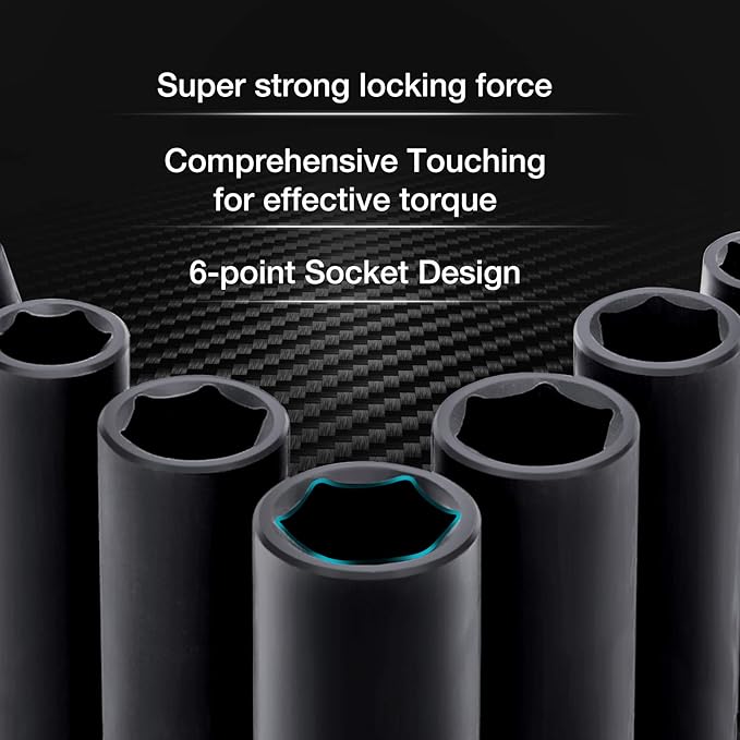 DURATECH 10-Piece 3/8" Drive 6 Point Deep Impact Socket Set, Including 8PCS Deep Impact Sockets in SAE Sizes (5/16", 3/8", 7/16", 1/2", 9/16", 5/8", 11/16", 3/4") & 2PCS 1/4" Hexagon Extension Bars
