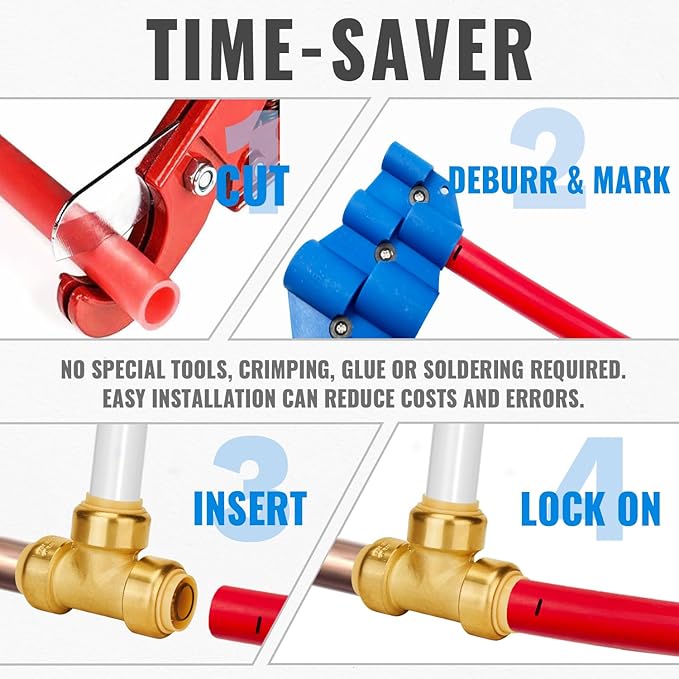 SUNGATOR 6-Pack Tee Plumbing Pipe Connector, 3/4-Inch Push Fit PEX Tee, No Lead Brass T Fittings with Disconnect Clip, Push-to-Connect, Copper, CPVC