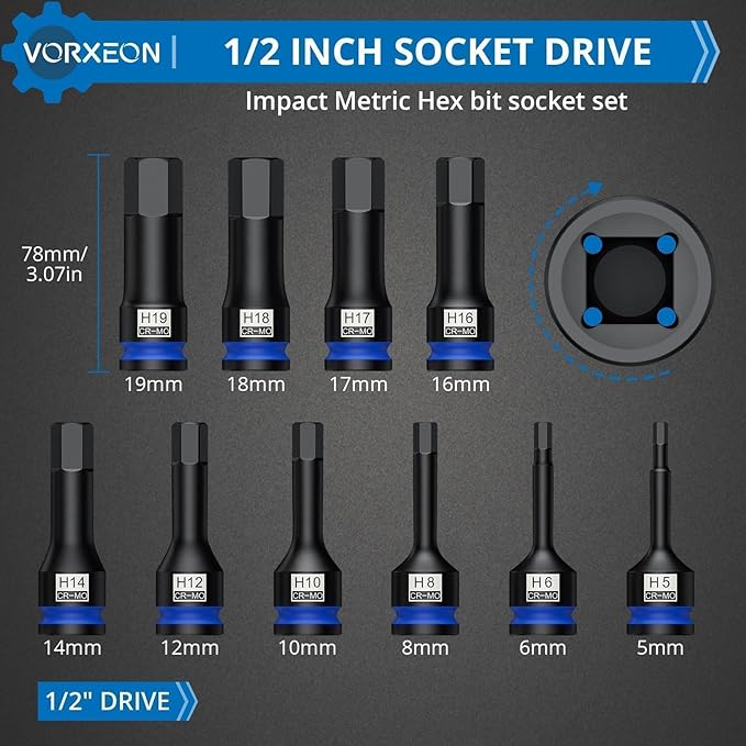 10 Pcs 1/2" Drive Metric Impact Allen Hex Bit Socket Set 42 Cr-Mo 5mm - 19mm One-piece construction with Storage case for Automotive repair