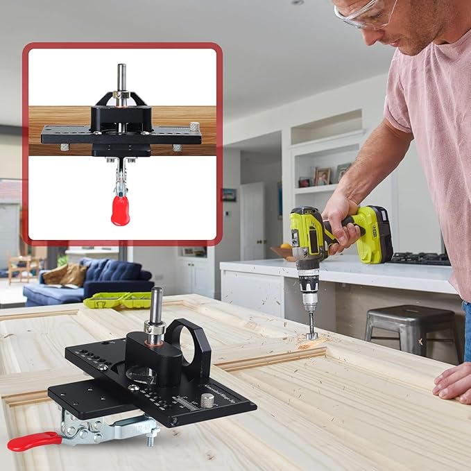 35mm Concealed Hinge Jig, Cabinet Hardware Jig with Quick Clamp and Dust Collection Adapter, Aluminum Alloy Hinge Hole Drilling Jig, Woodworking Tool for Door Cabinets Hinges Mounting