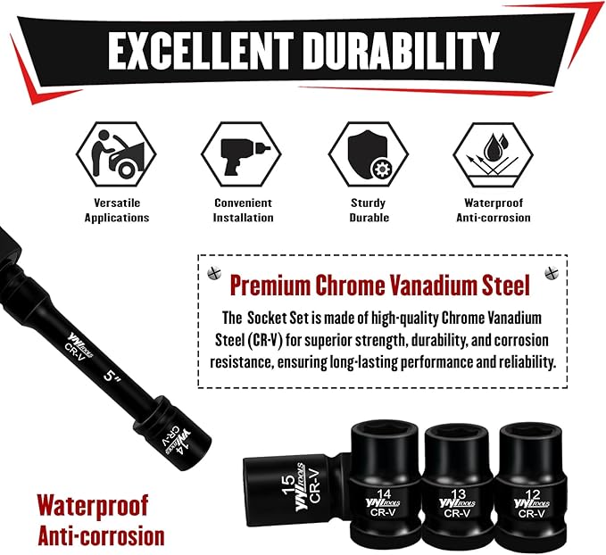 YIYITOOLS 17Pcs 1/2" Drive Shallow Impact Socket Set (8-24mm), Metric Socket Set, 6-Point, CR-V Steel for Automotive Maintenance, Repairs, and DIY Projects