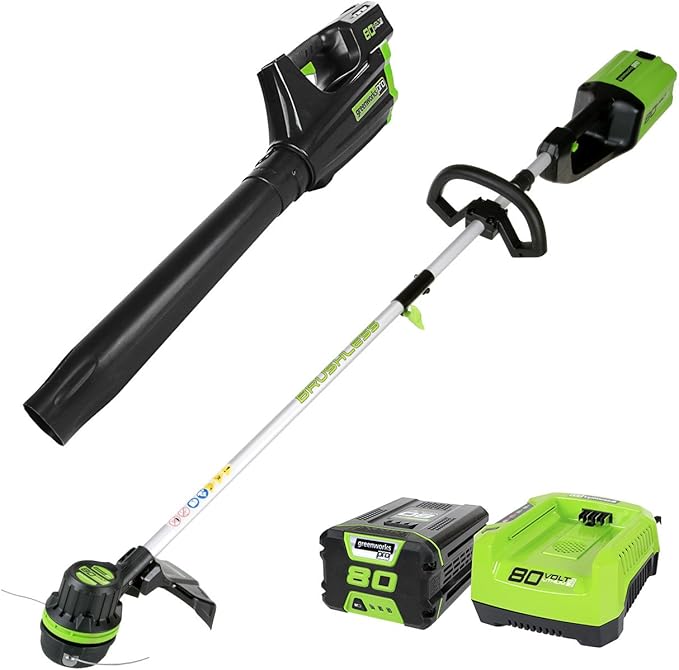 Greenworks 80V Brushless Cordless Yard Tool Combo Kit with 2.0Ah Battery & Rapid Charger ??16" Dual-Line String Trimmer and 500 CFM / 125 MPH Leaf Blower, Variable Speed, 4-Year Warranty