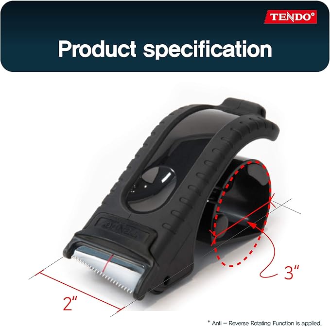 Heavy Duty Shipping Tape Dispenser: TENDO째 Essential Line ??Reusable, Replaceable, Eco-Friendly 2?쇺?Master Piece Dispenser with Patented 10째 Sloped Chromium Blades - P-1200 (3th Gen.)_Black
