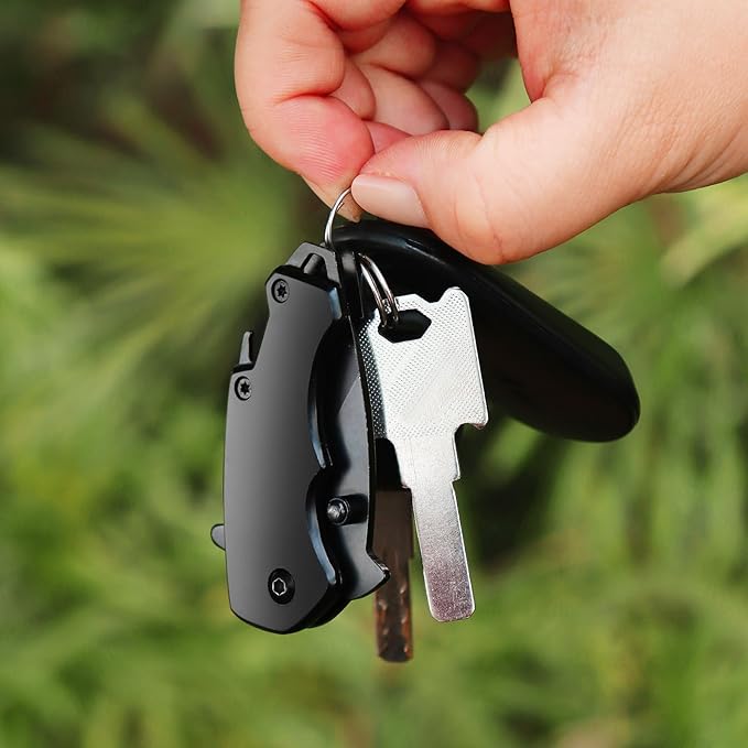 Small Pocket Knife for men, 1.58 Inch Blade, Black Stainless Steel, Compact Keychain knife with Safety Lock and Clip for Camping, Hiking, Daily Tasks, Mini Folding Box Cutter EDC Gadgets Tools