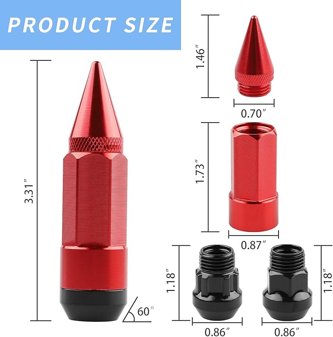 20Pcs Anti Theft Spikes Extended Tuner Wheel/Rims Lug Nuts M12X1.5+Socket (Red)