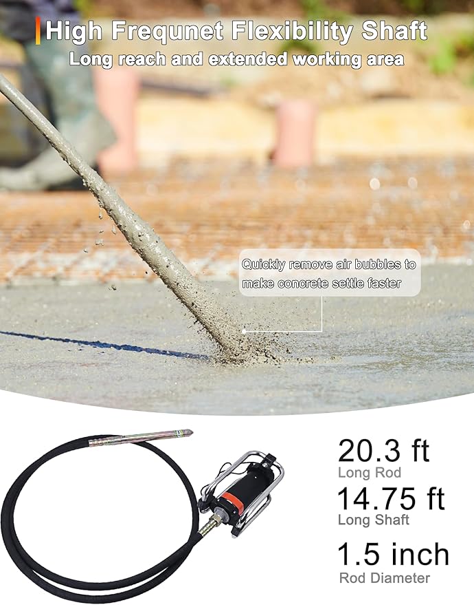 Concrete Vibrator, 1600W 2HP 18000RPM, 14-3/4ft Flexible Shaft, Electric Concrete Vibrating Tool, Hand Held Power Concrete Vibrators, Portable for Construction, Remove Air Bubbles Level Tool
