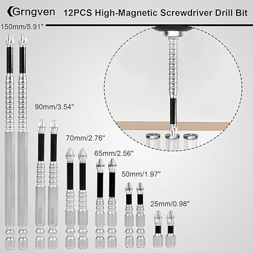 12PCS High Magnetic Screw Driver Drill Bit Set, Magnetic Drill Bits Anti-Slip Set, Strong Magnetic Durability Screwdriver Drill Bit Set, 25 50 65 70 90 150MM Magnetic Screwdriver Bits