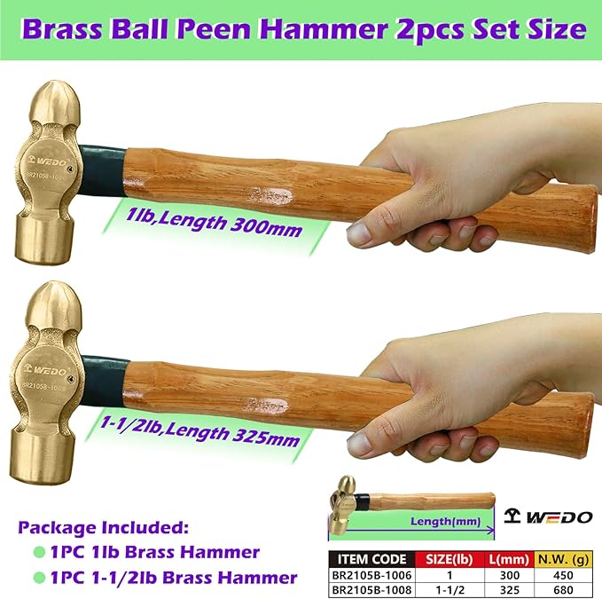 WEDO 2PCS Brass Ball Peen Hammer Set, 16 oz+24 oz(1lb+1-1/2lb), Brass Ball Pein Hammer Set with Wooden Handle, Die-Forged, Corrosion Resistant, DIN Standard