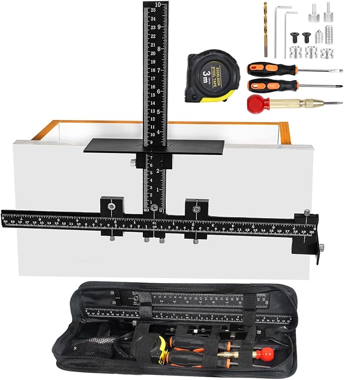 New Cabinet Hardware Jig Tool Set - Aluminum Alloy Cabinet Handle Jig ??With Automatic Center Punch, Cabinet Jig 14-Piece - Adjustable Drill Guide for Cabinet Installing/Drawer Knobs - Door Pulls
