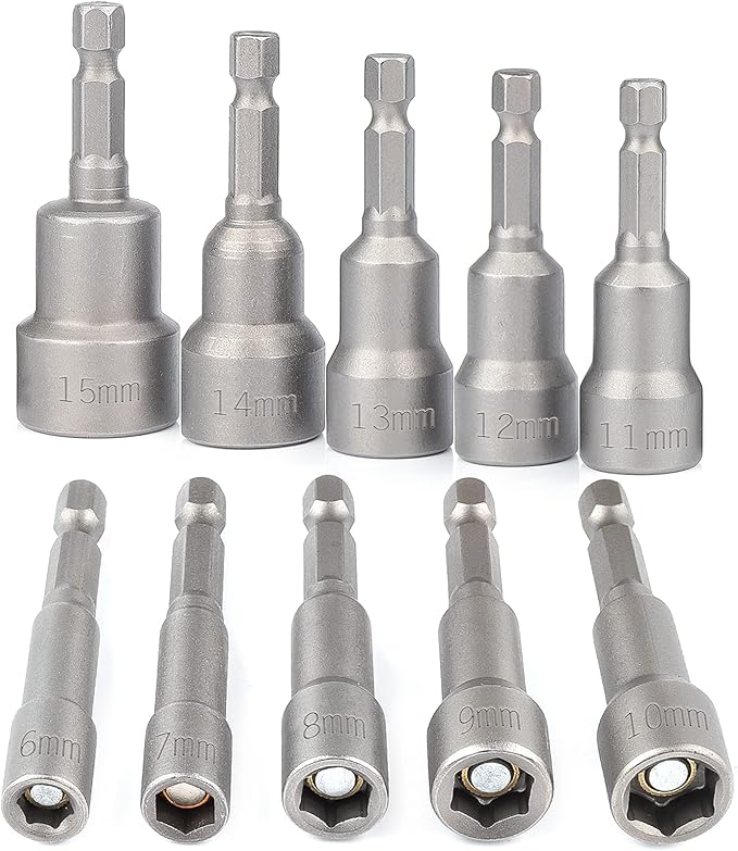 Magnetic Nut Driver Set 10Pcs(Metric), BAIDETS 1/4" Quick-Change Hex Shank Power Nut Driver Drill Bit Set 6-15mm, Suitable for Any Brand of Hand Drills, Electric Drills and Electric