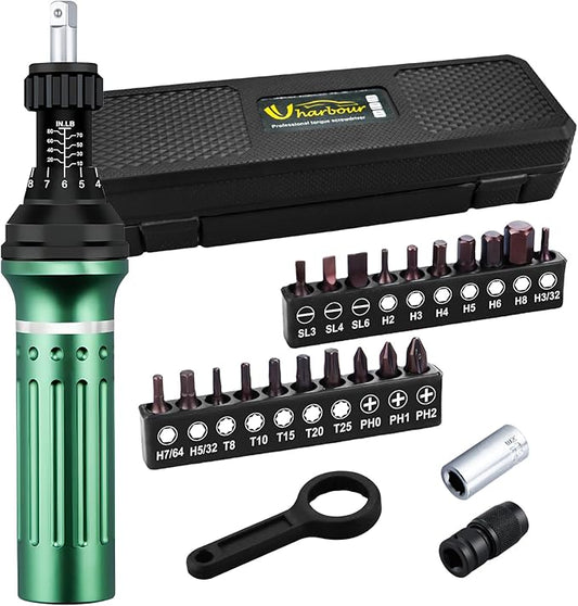 Torque Screwdriver 10-80 in.lb, Torque Screwdriver Set with 1/4" Elastic Bit Holder, 1/4" Bit Adapter, Flat, Hex, Torx and Philips Bits, Suitable for Gunsmithing, DIY, Bicycle Maintenance