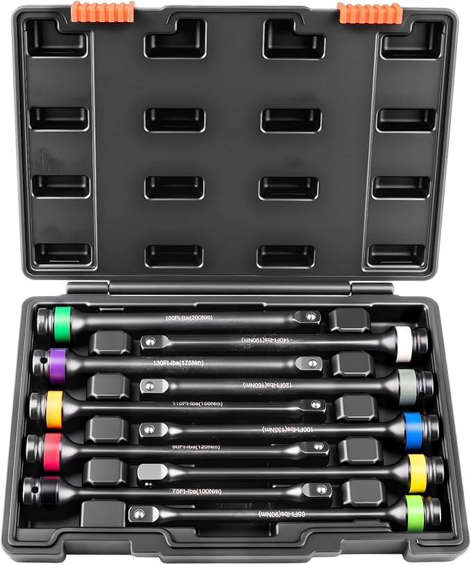 Torque Limiting Extension Bar Kit, 10 Piece 1/2" Drive Torque Wrench Set with Color-Coded Torque Sticks (65-150 Ft-Lbs), Compatible with 1/2" Drive Tools for Lug Nuts, Automotive Repair