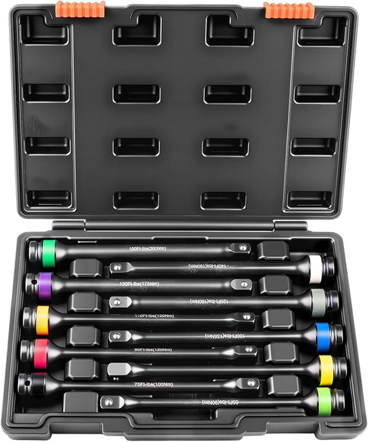 Torque Limiting Extension Bar Kit, 10 Piece 1/2" Drive Torque Wrench Set with Color-Coded Torque Sticks (65-150 Ft-Lbs), Compatible with 1/2" Drive Tools for Lug Nuts, Automotive Repair
