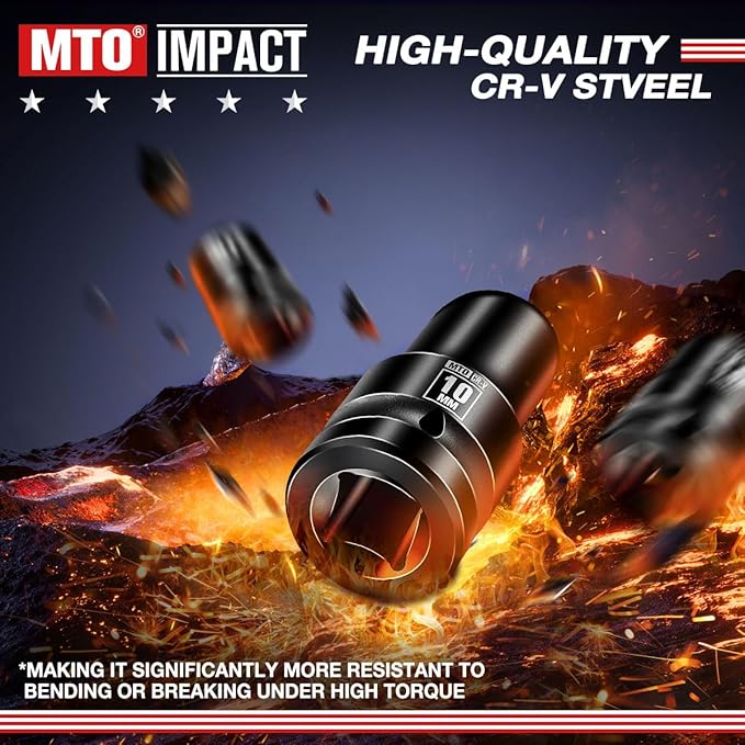 MTO 1/2" Drive 10mm Shallow Impact Socket, 6-Point Metric Socket for Automotive Maintaince, CR-V Steel Meets ANSI Standards