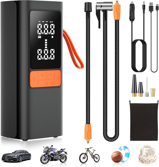 Tire Inflator Portable Air Compressor, 150PSI Cordless & 12V DC Dual Power Tire Pump for Car Tires,Bike,Motorcycle, 6000mAh Battery, Digital Pressure Gauge, Auto Shut-Off & Emergency LED Light