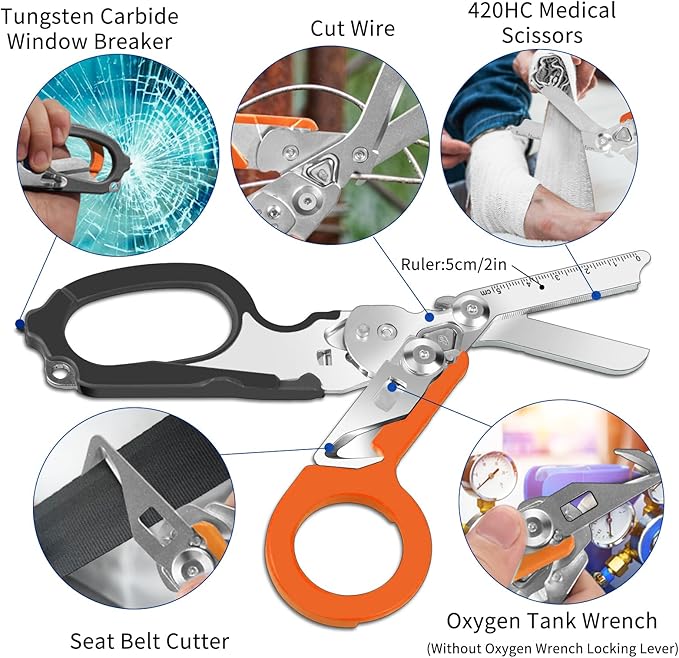 6 In 1 Multi-function Trauma Shears Foldable with Compatible Holster and Penlights,Emergency Trauma Shears with Strap Cutter and Glass Breaker for Outdoor Medical Scissors Tools Black+Orange