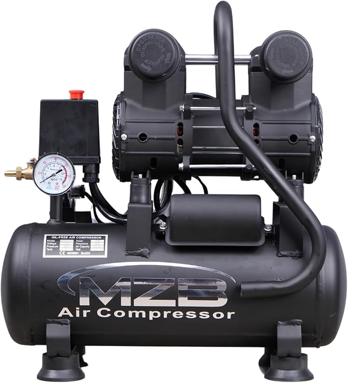 MZB 2.4 Gallon Ultra Quiet Air Compressor 110V/60Hz 1.0HP 5.65CFM, MAX 115PSI Steel Tanks Oil-Free 72dB Noise Level Air Compressor with Wheels for Spray Painting, Auto Repair, Carpentry Decoration
