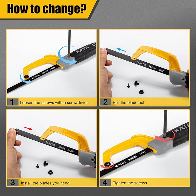 KATA Heavy Duty Hacksaw Frame Set, 12" Hack saw, 10" Mini Hacksaw and 6" Drywall Saw/Jab Saw, Extra 4pc Flexible Bi-Metal HSS Blades, Multi-purpose Handsaws Cutting for Metal, Wood, PVC Pipes