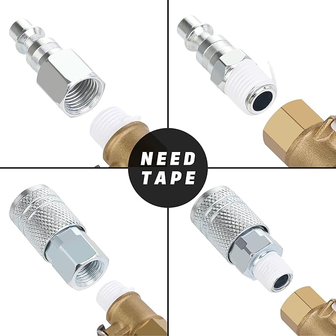 Air Compressor Accessories Fittings, Automotive T-type, 1/4 Inch Body Size, 1/4 Inch Female Threads Size, Steel Material, 300PSI Max Working Pressure, 10 Pieces Air Hose Plug Set