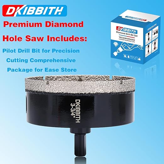 DKIBBITH 3-3/4" Diamond Hole-Saw Bits with Pilot Drill Bit - 3-3/4" Diamond Tipped Tile Hole Saws with Guiding Bit for Porcelain Tile Ceramic Pottery Granite Stone Glass Bottles 95mm.