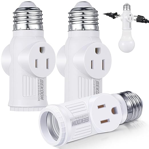 Feekoon 3 Pcs Light Socket to Plug Adapter, Convert E26 Light Socket to 3 Prong Outlet Adapter, Screw in Outlet for Lamp Sockets for Garage Porch (White)