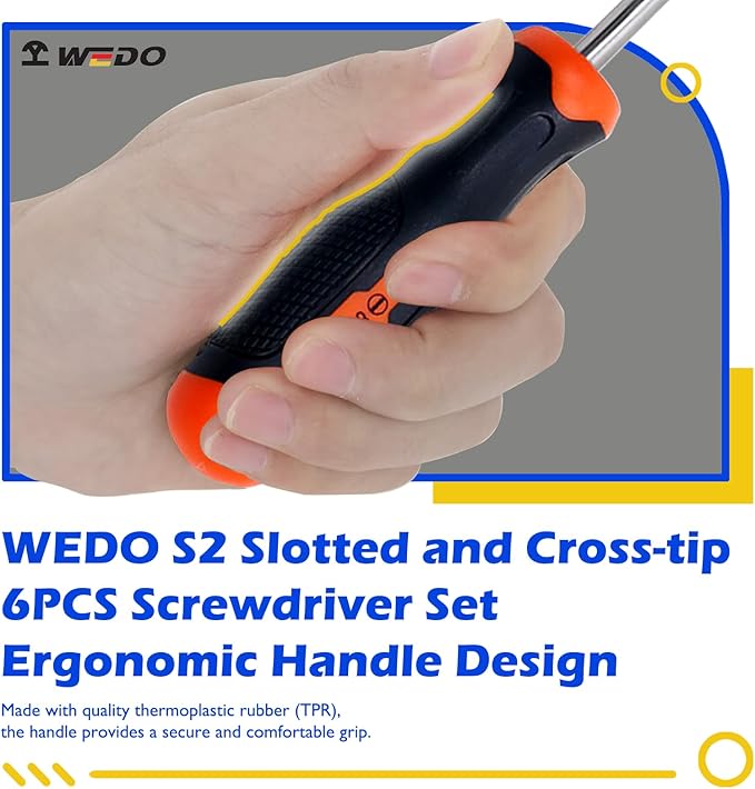 WEDO 6Pcs Screwdriver Set, Magnetic Screwdriver with 2 Phillips& 4 Slotted Head Tips with Case Package, PH1*75mm, PH2*100mm, 3 * 75mm, 5 * 75mm, 6 * 100mm, 8 * 150mm, Heavy Duty S2 Steel Made