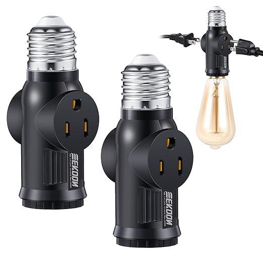 Feekoon 2 Pcs Light Socket to Plug Adapter, Convert E26 Light Socket to 3 Prong Outlet Adapter, Screw in Outlet for Lamp Sockets for Garage Porch (Black)