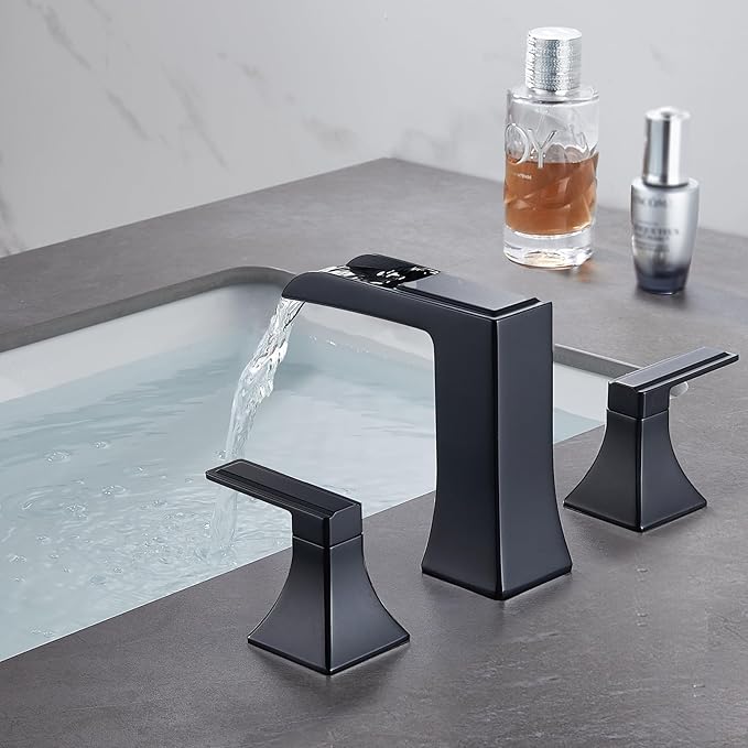 Black Waterfall Bathroom Faucet, Sanliv 3-Piece Widespread Bathroom Faucet for 3-Hole Sinks 4-8 inch, Modern 2-Handle Vanity Faucet with Pop-Up Drain, Matte Black