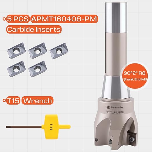 Indexable End Mill R8 Shank 2" Cutting Diameter x 6-1/8" Oal 90 Degree with Nickel Plating, Includes 5 APKT1604 Carbide Inserts