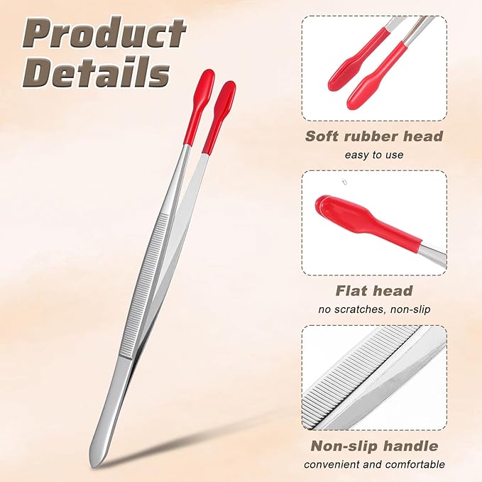 4 Pieces Rubber Tipped Tweezers, Forceps Silicone Coated Flat Tip Long Bent Precision Tweezers, Hobby Craft Tweezer Tools for Crafting Stamps Coins Jewelry Industrial Electronic Lab (Black & Red)