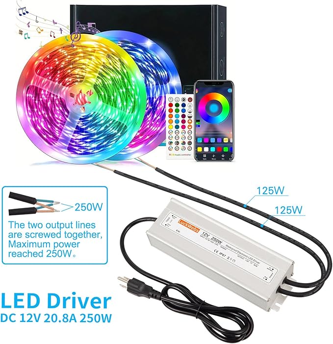 LED Driver 12V250W Waterproof Power Supply AC 90-130V to DC 12V20.8A Low-Voltage Transformer IP67 Converter Suitable for Indoor Outdoor 12 Series LED Strip Lights