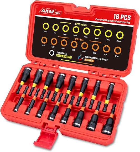 16Pcs Magnetic Nut Driver Set, Nut Driver Set for Impact Drill, 1/4" Quick-Change Hex Shank | SAE & Metric | Cr-V Steel, Impact Nut Driver Set, Nut Drivers for Stainless Steel Bolts