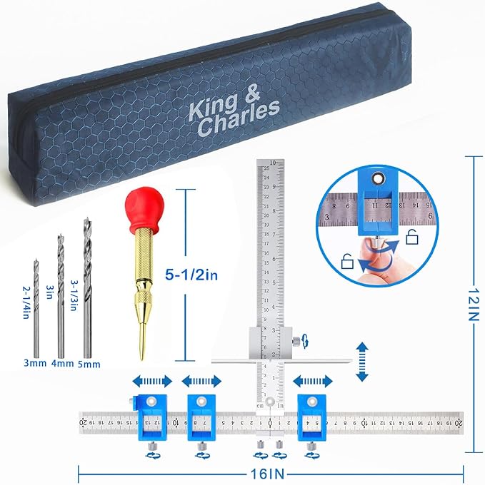 King&Charles Cabinet Hardware Jig, Metal Cabinet Handle Jig + Auto Hole Punch + Point Drill Bits, Use for Handles Knobs Pulls on Drawers/Doors, Wood Drilling Dowelling Guide Set.