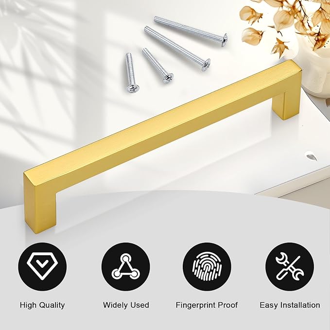 Probrico 10 Pack Square Cabinet Pulls 6-1/4 Inch Brushed Brass Cabinet Handles for Kitchen, Gold Kitchen Hardware for Cupboard, Modern Brass Drawer Pulls Drawer Handles Inside